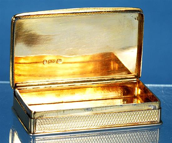 A William IV silver gilt snuff box, by Nathaniel Mills, Length 3 ¼”/80 mm Width 62mm Weight 3.2oz/90grms